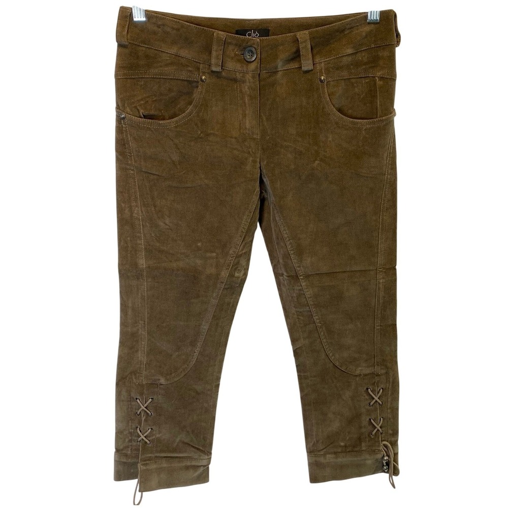Clio Firenze Women's Cropped Velvety Pants Size EU‎ 40 Brown Ankle Ties Italy